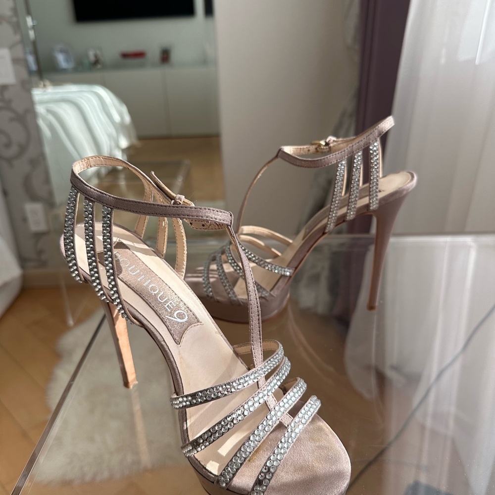 Boutique 9 Tan Strappy Heels with Rhinestones